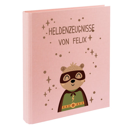 Zeugnismappe mit Namen personalisiert aus Leinen Schulkind Geschenk zur Einschulung Motiv Superheld Bär