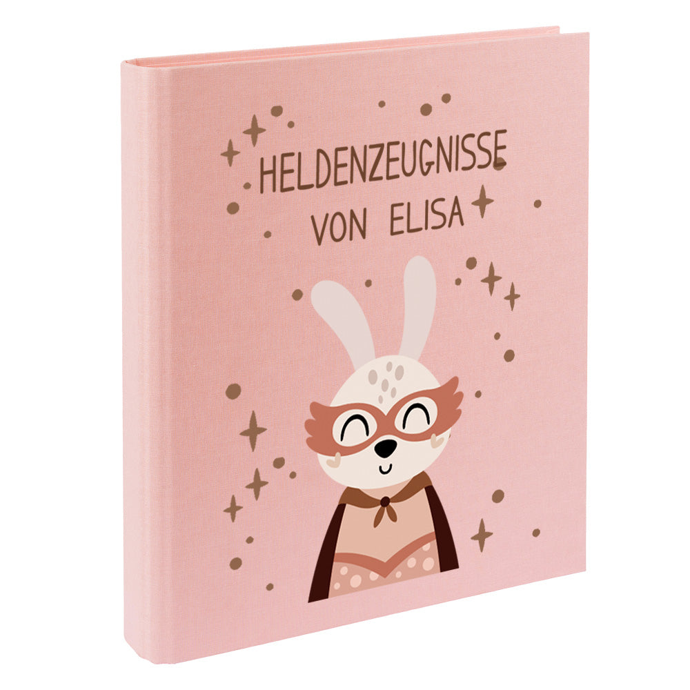 Zeugnismappe mit Namen personalisiert aus Leinen Schulkind Geschenk zur Einschulung Motiv Superheld Hase