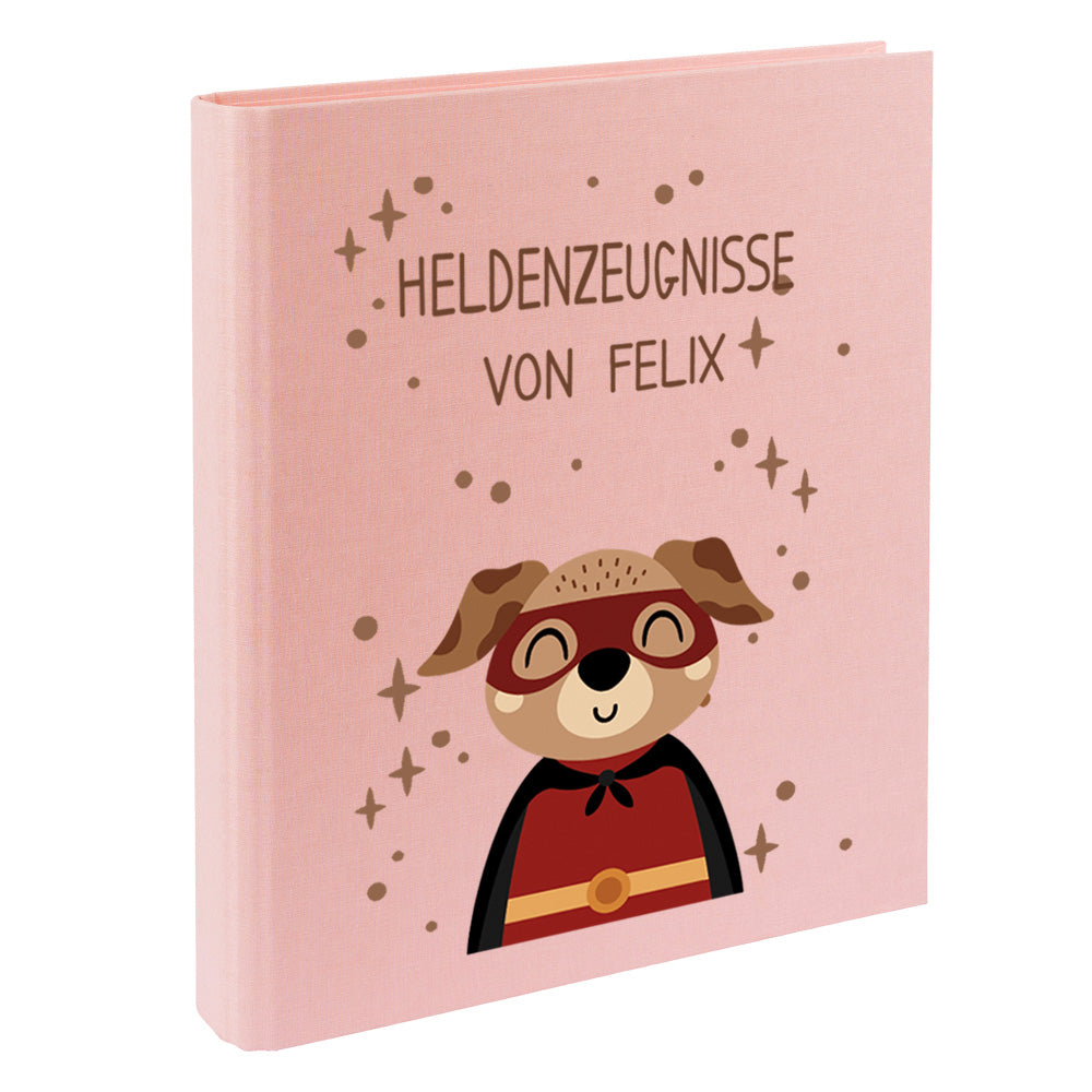 Zeugnismappe mit Namen personalisiert aus Leinen Schulkind Geschenk zur Einschulung Motiv Superheld Hund