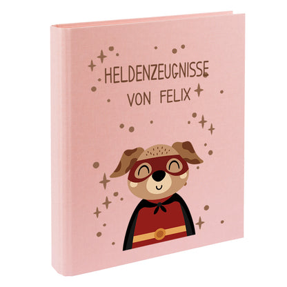 Zeugnismappe mit Namen personalisiert aus Leinen Schulkind Geschenk zur Einschulung Motiv Superheld Hund