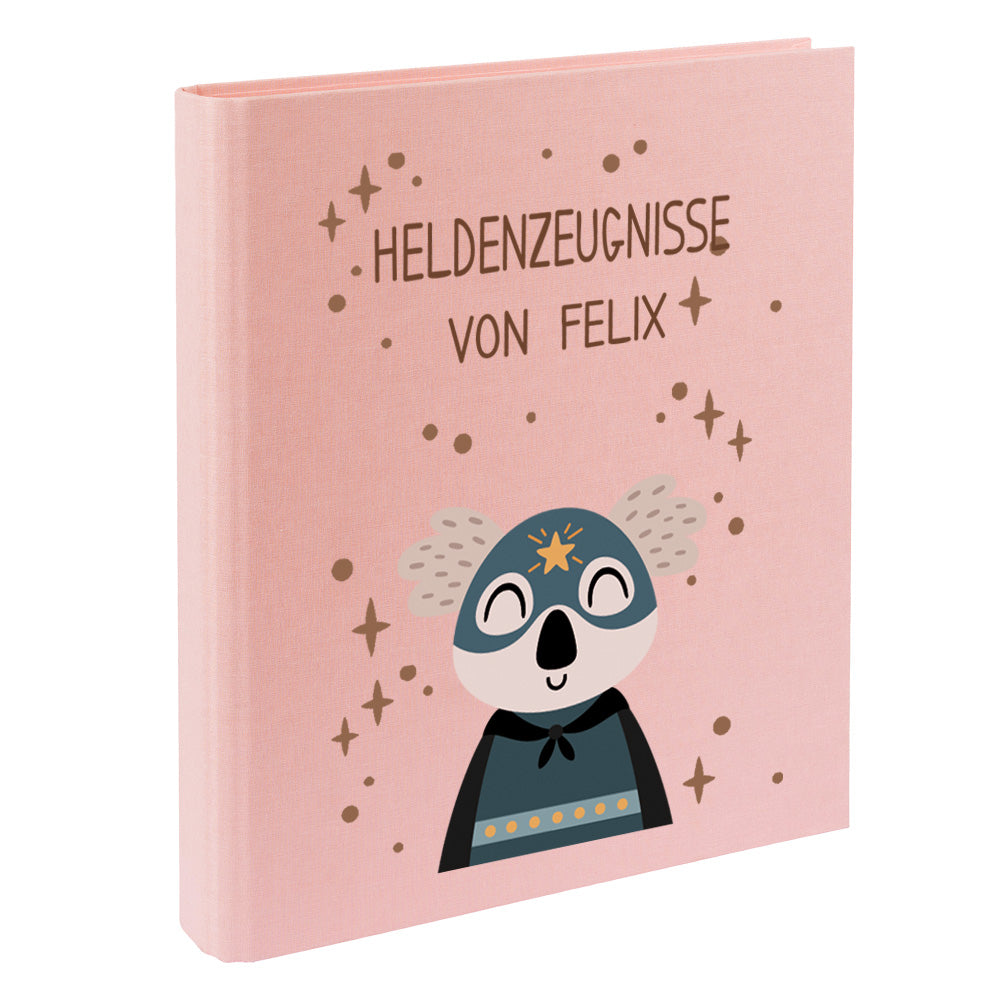 Zeugnismappe mit Namen personalisiert aus Leinen Schulkind Geschenk zur Einschulung Motiv Superheld Koala