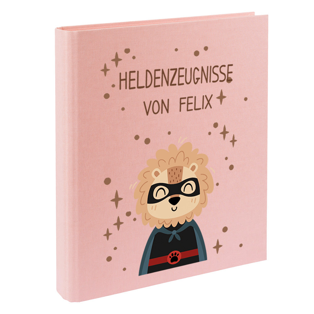 Zeugnismappe mit Namen personalisiert aus Leinen Schulkind Geschenk zur Einschulung Motiv Superheld Löwe