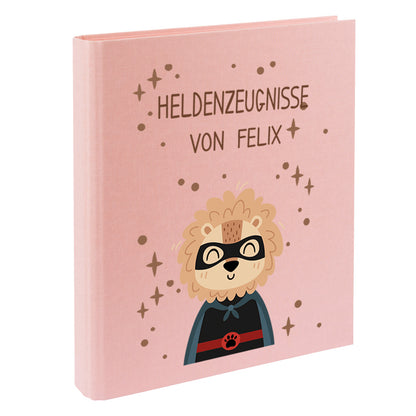 Zeugnismappe mit Namen personalisiert aus Leinen Schulkind Geschenk zur Einschulung Motiv Superheld Löwe