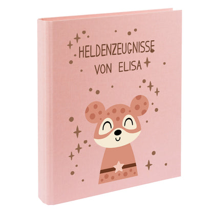 Zeugnismappe mit Namen personalisiert aus Leinen Schulkind Geschenk zur Einschulung Motiv Superheld Maus