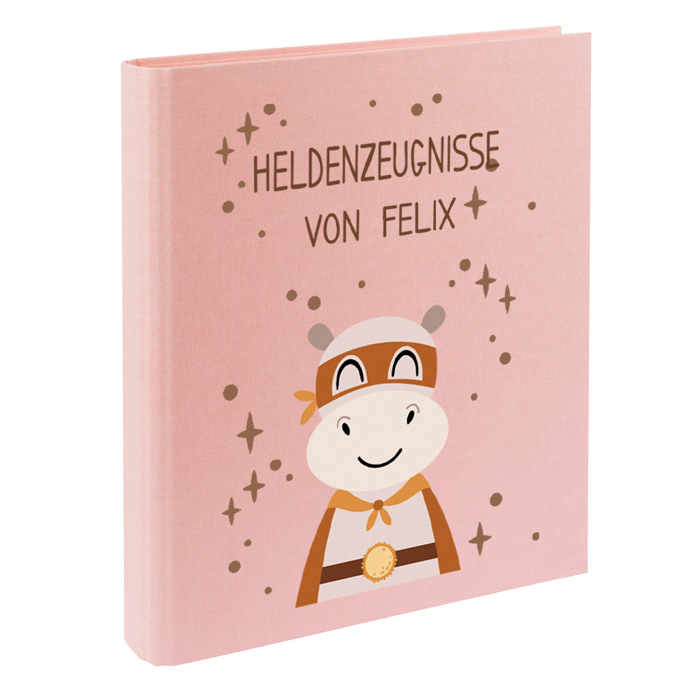 Zeugnismappe mit Namen personalisiert aus Leinen Schulkind Geschenk zur Einschulung Motiv Superheld Nilpferd