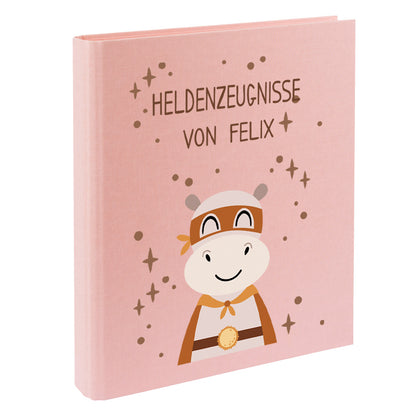 Zeugnismappe mit Namen personalisiert aus Leinen Schulkind Geschenk zur Einschulung Motiv Superheld Nilpferd