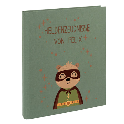 Zeugnismappe mit Namen personalisiert aus Leinen Schulkind Geschenk zur Einschulung Motiv Superheld Bär
