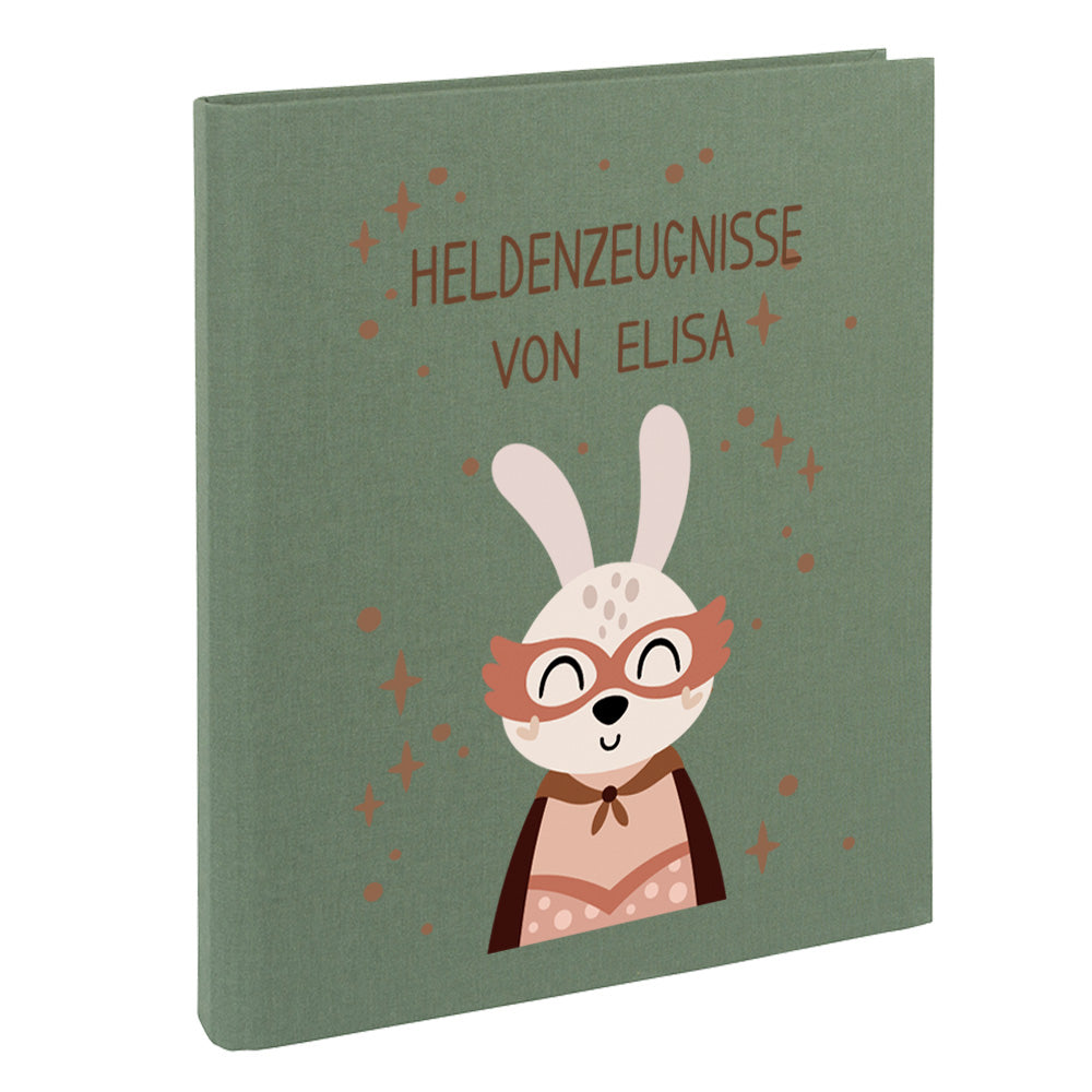 Zeugnismappe mit Namen personalisiert aus Leinen Schulkind Geschenk zur Einschulung Motiv Superheld Hase