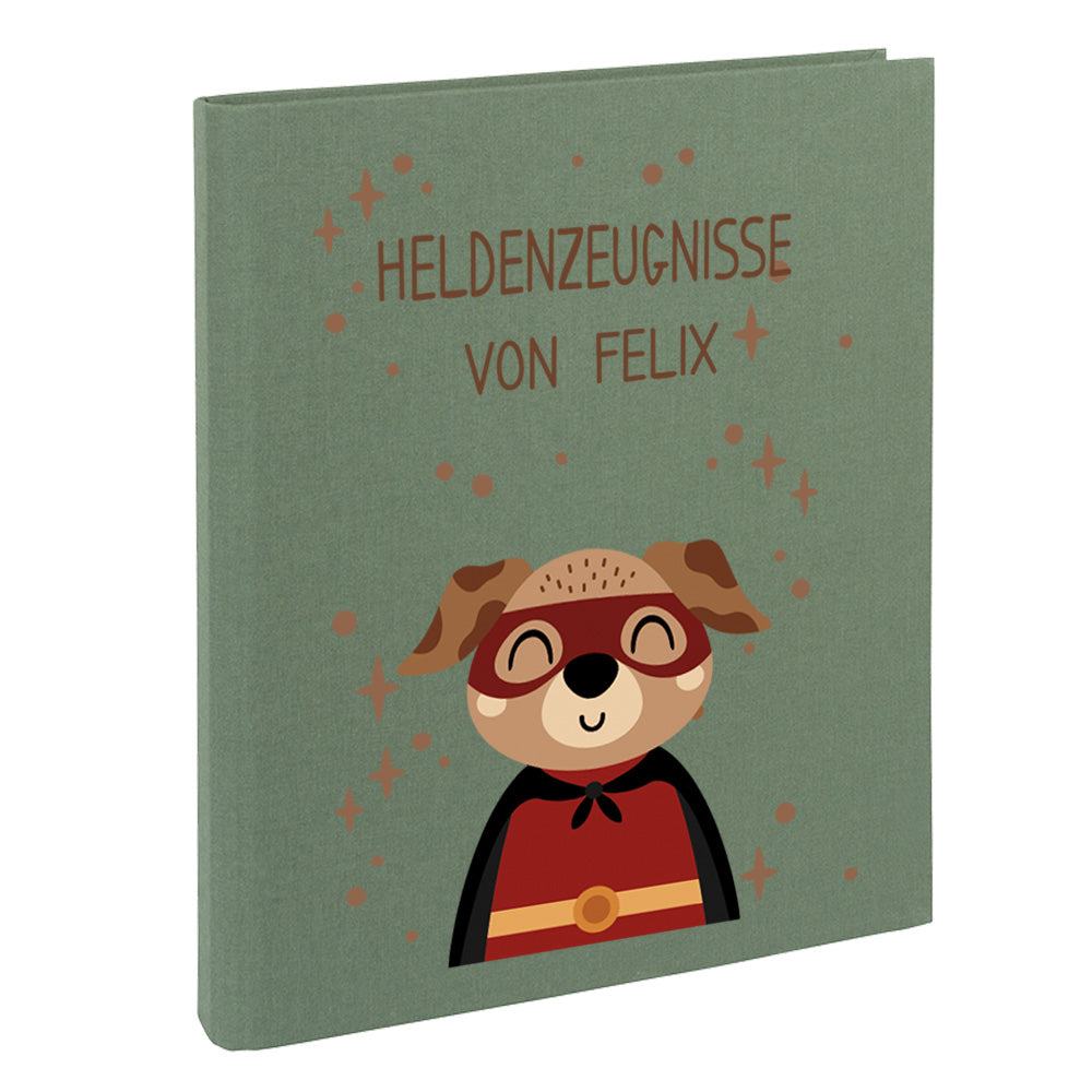 Zeugnismappe mit Namen personalisiert aus Leinen Schulkind Geschenk zur Einschulung Motiv Superheld Hund