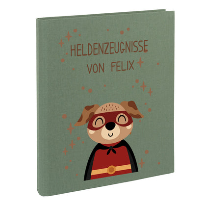 Zeugnismappe mit Namen personalisiert aus Leinen Schulkind Geschenk zur Einschulung Motiv Superheld Hund