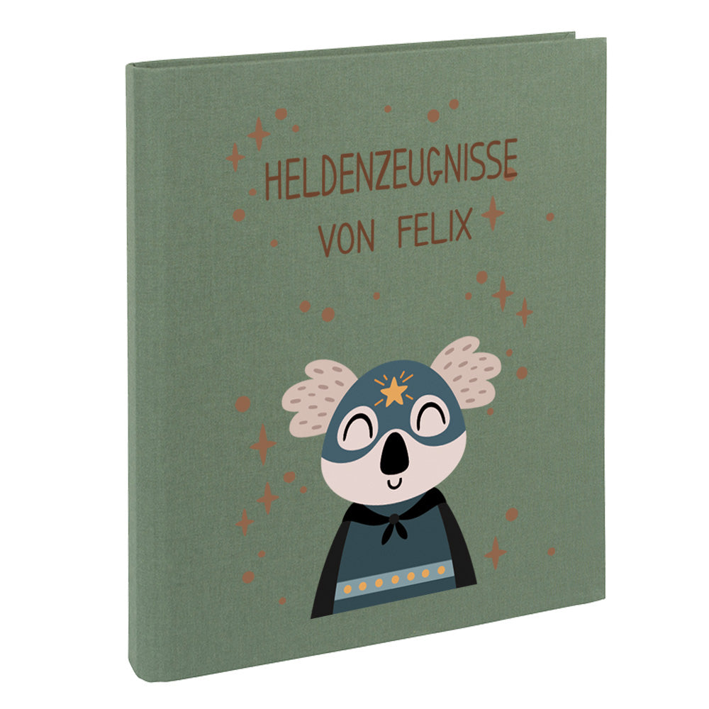 Zeugnismappe mit Namen personalisiert aus Leinen Schulkind Geschenk zur Einschulung Motiv Superheld Koala
