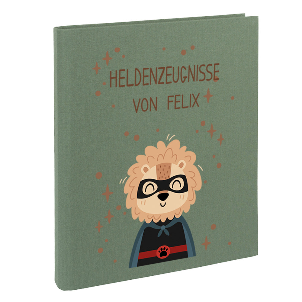 Zeugnismappe mit Namen personalisiert aus Leinen Schulkind Geschenk zur Einschulung Motiv Superheld Löwe