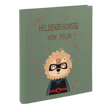 Zeugnismappe mit Namen personalisiert aus Leinen Schulkind Geschenk zur Einschulung Motiv Superheld Löwe