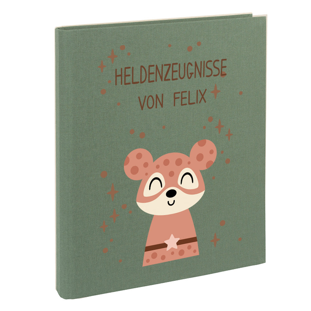 Zeugnismappe mit Namen personalisiert aus Leinen Schulkind Geschenk zur Einschulung Motiv Superheld Maus