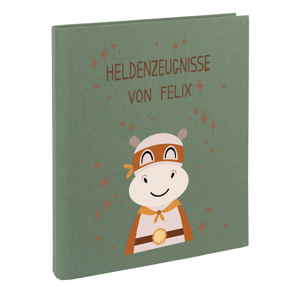 Zeugnismappe mit Namen personalisiert aus Leinen Schulkind Geschenk zur Einschulung Motiv Superheld Nilpferd