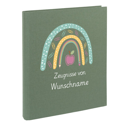 Zeugnismappe mit Namen personalisiert aus Leinen Schulkind Geschenk zur Einschulung Motiv Stiftebogen