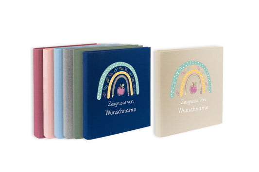 Zeugnismappe mit Namen personalisiert aus Leinen Schulkind Geschenk zur Einschulung Motiv Stiftebogen
