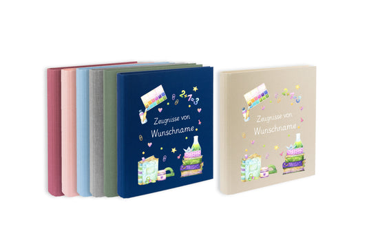 Zeugnismappe mit Namen personalisiert aus Leinen Schulkind Geschenk zur Einschulung Motiv Bücher