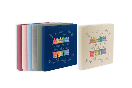 Zeugnismappe mit Namen personalisiert aus Leinen Schulkind Geschenk zur Einschulung Motiv Stifte