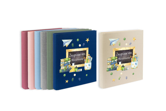 Zeugnismappe mit Namen personalisiert aus Leinen Schulkind Geschenk zur Einschulung Motiv Tafel