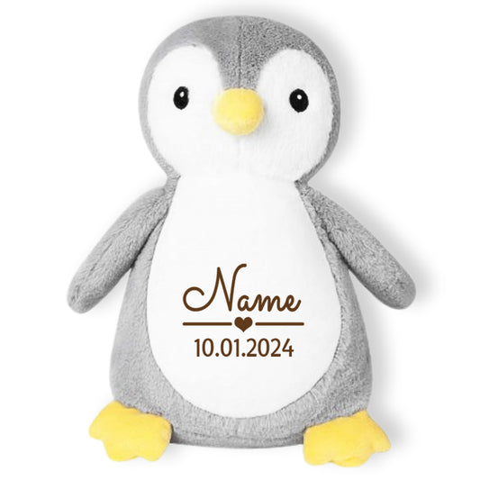 Stofftier Pinguin grau mit Name personalisiert Kuscheltier für Kinder Flauschiges Plüschtier 40cm Motiv Name und Datum