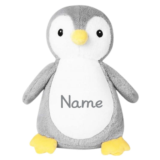 Stofftier Pinguin grau mit Name personalisiert Kuscheltier für Kinder Flauschiges Plüschtier 30cm Motiv Name