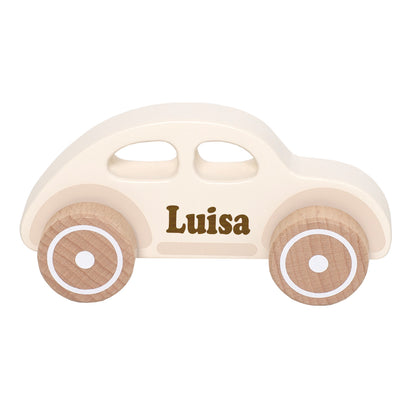 Spielzeug Auto aus Holz Retro Car personalisiert mit Name Baby Geschenk mit Gravur beige