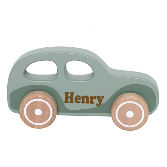 Spielzeug Auto aus Holz Retro Car personalisiert mit Name Baby Geschenk mit Gravur grün