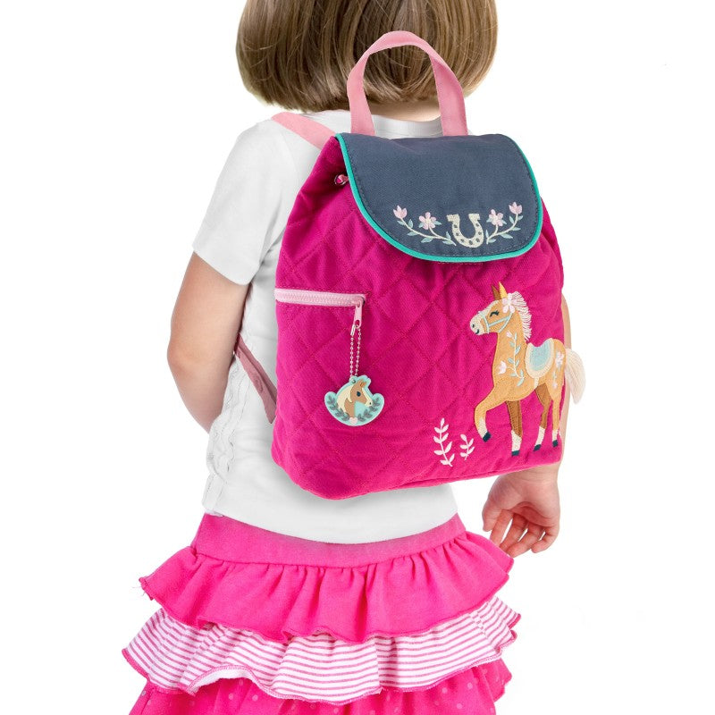Personalisierter Rucksack für Kinder 8 Liter Kindergartenrucksack aus Baumwolle mit Namen bedruckt Motiv Pferd pink