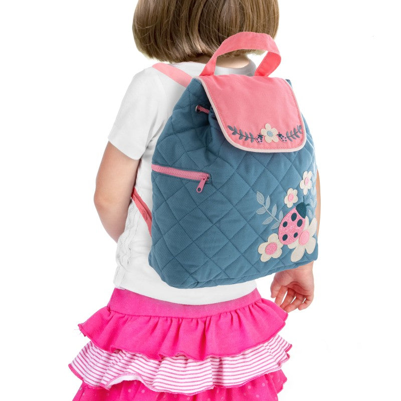 Personalisierter Rucksack für Kinder 8 Liter Kindergartenrucksack aus Baumwolle mit Namen bedruckt Käfer türkis