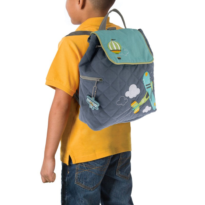 Personalisierter Rucksack für Kinder 8 Liter Kindergartenrucksack aus Baumwolle mit Namen bedruckt Motiv Flugzeug blau