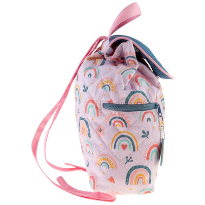 Personalisierter Rucksack für Kinder 8 Liter Kindergartenrucksack aus Baumwolle mit Namen bedruckt Motiv Regenbogen rosa