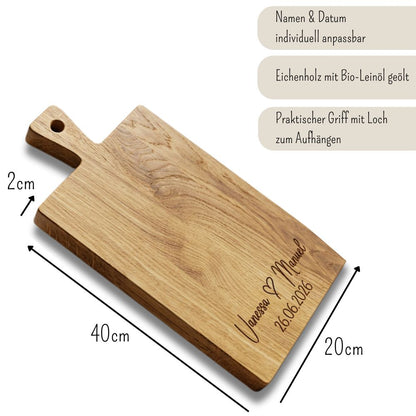 Personalisiertes Schneidebrett aus Eichenholz, Gravur mit Namen & Datum, 40x20x2 cm, Hochzeitsgeschenk für Brautpaar