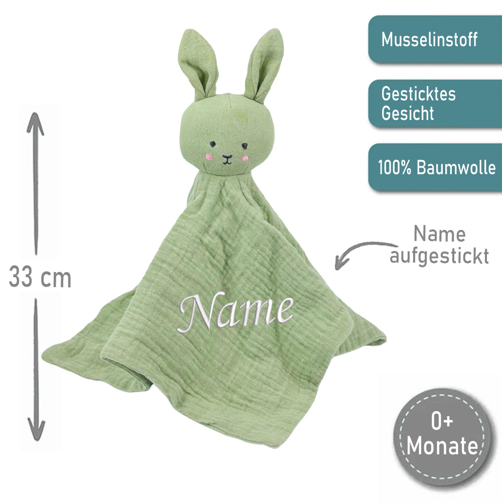Schnuffeltuch aus Musselin mit Namen bestick Hase grün * Schmusetuch aus Baumwolle * Kuscheltuch für Babys