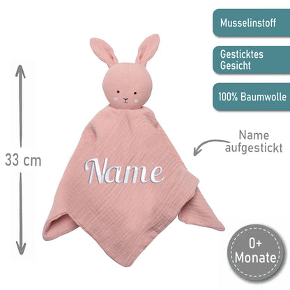 Schnuffeltuch aus Musselin mit Namen bestick Hase rosa * Schmusetuch aus Baumwolle * Kuscheltuch für Babys