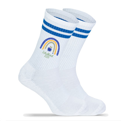 Kindersocken blau zur Einschulung, Tennissocken mit Aufdruck Schulkind 2026, Motiv Regenbogen blau