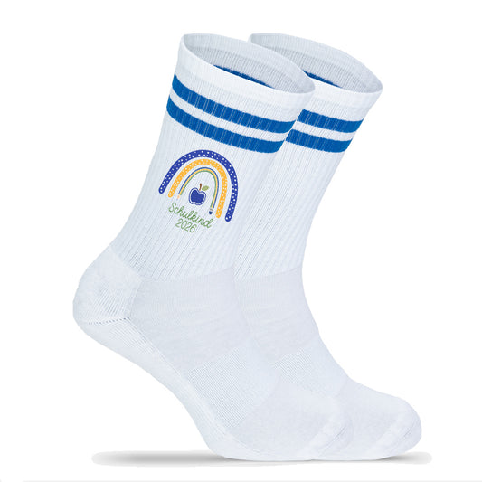 Kindersocken blau zur Einschulung, Tennissocken mit Aufdruck Schulkind 2026, Motiv Regenbogen blau