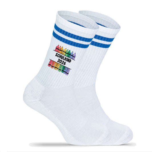Kindersocken blau zur Einschulung, Tennissocken mit Aufdruck Schulkind 2026, Motiv Stifte