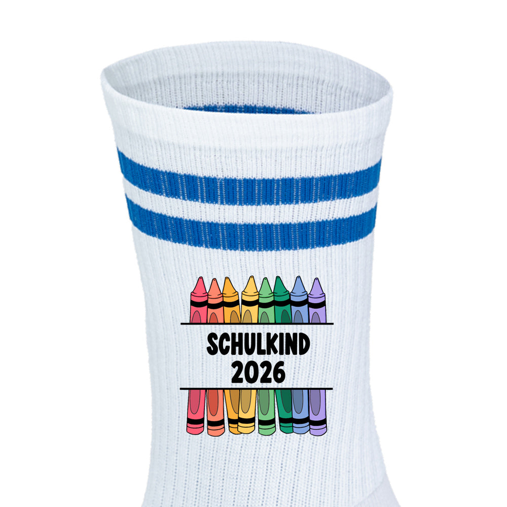 Kindersocken blau zur Einschulung, Tennissocken mit Aufdruck Schulkind 2026, Motiv Stifte