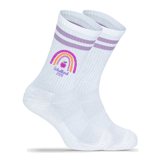 Kindersocken lila zur Einschulung, Tennissocken mit Aufdruck Schulkind 2026, Motiv Regenbogen