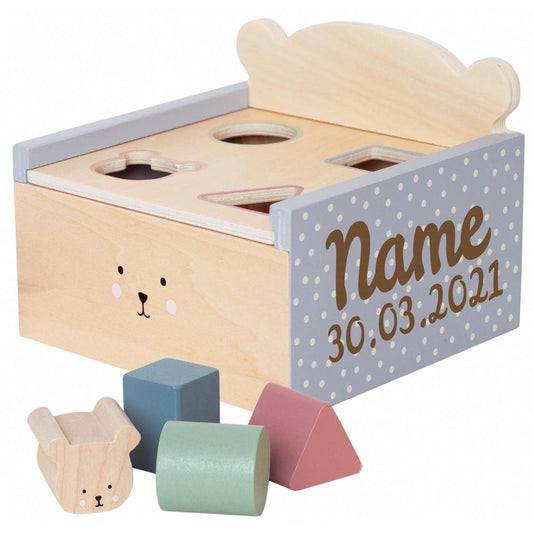 Steckwürfel aus Holz Sortierspielzeug personalisiert mit Name Sortierbox Teddy Steckspiel ab 18 Monate Geschenk zur Geburt