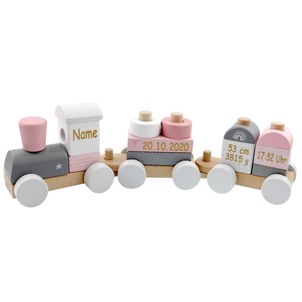 Holzzug Holz Eisenbahn rosa personalisiert mit Name und Geburtsdaten Baby Geschenk mit Gravur