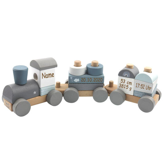 Holzzug Holz Eisenbahn blau personalisiert mit Name und Geburtsdaten Baby Geschenk mit Gravur