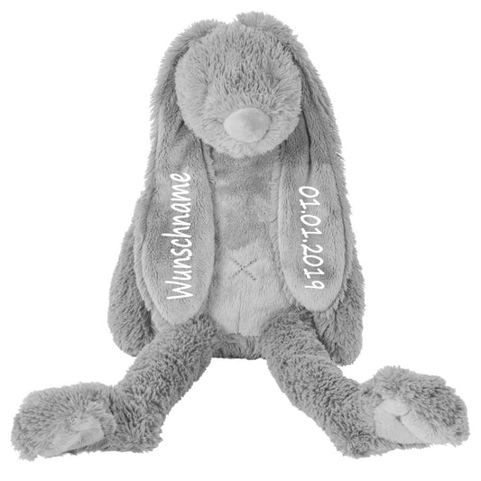 Stofftier Hase mit Namen und Geburtsdatum personalisiert Geschenk grau