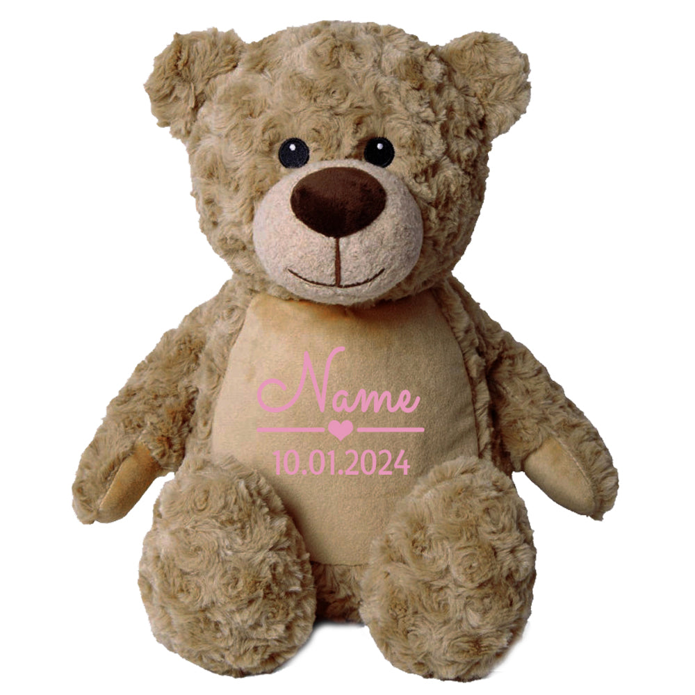 Stofftier Teddybär Hellbraun mit Name personalisiert Kuscheltier für Kinder Flauschiges Plüschtier 40cm Motiv Name und Datum