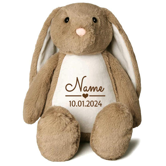 Stofftier Hase Hellbraun mit Name personalisiert Kuscheltier Stoffhase für Kinder Flauschiges Plüschtier 40cm Motiv Name und Datum
