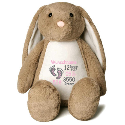 Stofftier Hase Hellbraun mit Name personalisiert Kuscheltier Stoffhase für Kinder Flauschiges Plüschtier 40cm Motiv Füßchen
