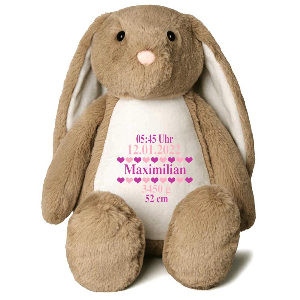 Stofftier Hase Hellbraun mit Name personalisiert Kuscheltier Stoffhase für Kinder Flauschiges Plüschtier 40cm Motiv Geburt