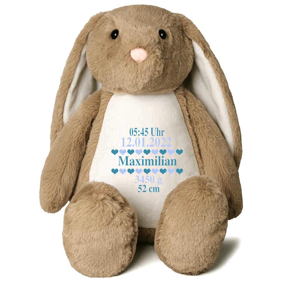 Stofftier Hase Hellbraun mit Name personalisiert Kuscheltier Stoffhase für Kinder Flauschiges Plüschtier 40cm Motiv Geburt