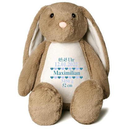 Stofftier Hase Hellbraun mit Name personalisiert Kuscheltier Stoffhase für Kinder Flauschiges Plüschtier 40cm Motiv Geburt